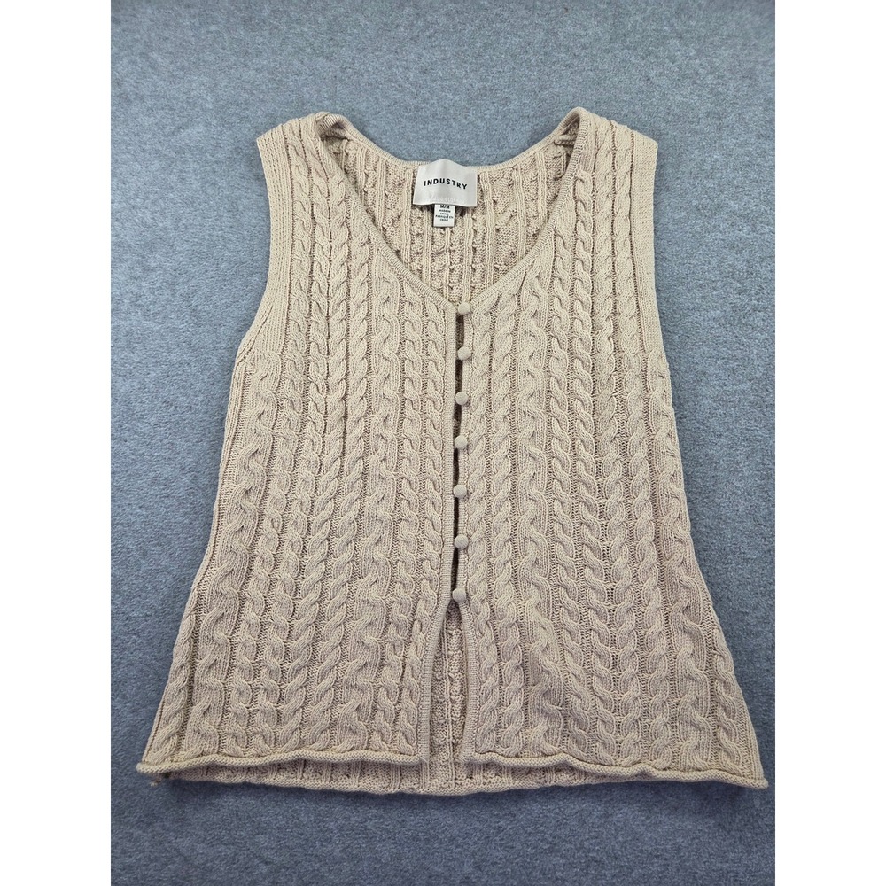 Industry Womens M Cable Knit Button Front Sweater Vest Tan Grandmacore